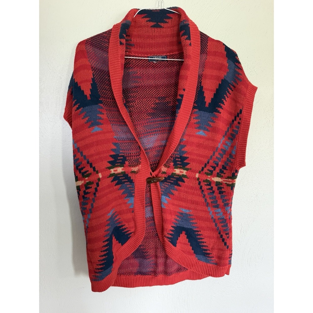 Chaps Denim Women XL Red Southwestern Aztec Sleeveless Cardigan Toggle Sweater